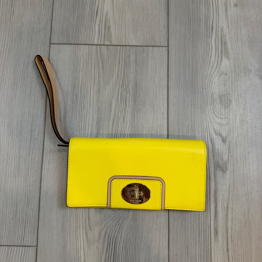 Kate Spade New York Neon Yellow Leather Turnlock Wristlet Wallet Clutch